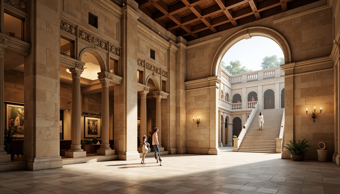 Prompt: Grand museum entrance, rusticated stone walls, arched windows, ornate doorways, intricate carvings, Romanesque columns, vaulted ceilings, grand staircases, exhibit halls, natural stone floors, warm beige tones, soft warm lighting, shallow depth of field, 1/1 composition, symmetrical arrangement, classical ornaments, subtle texture details, ambient occlusion.