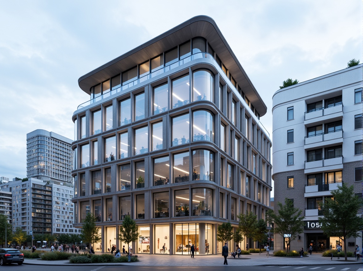 Prompt: Modern building facade, sleek glass curtain walls, minimalist aluminum frames, neutral color palette, subtle texture variations, optimized solar shading, energy-efficient double glazing, cantilevered rooflines, decorative LED lighting, urban cityscape background, cloudy daytime atmosphere, softbox lighting, 1/1 composition, realistic material textures, ambient occlusion.