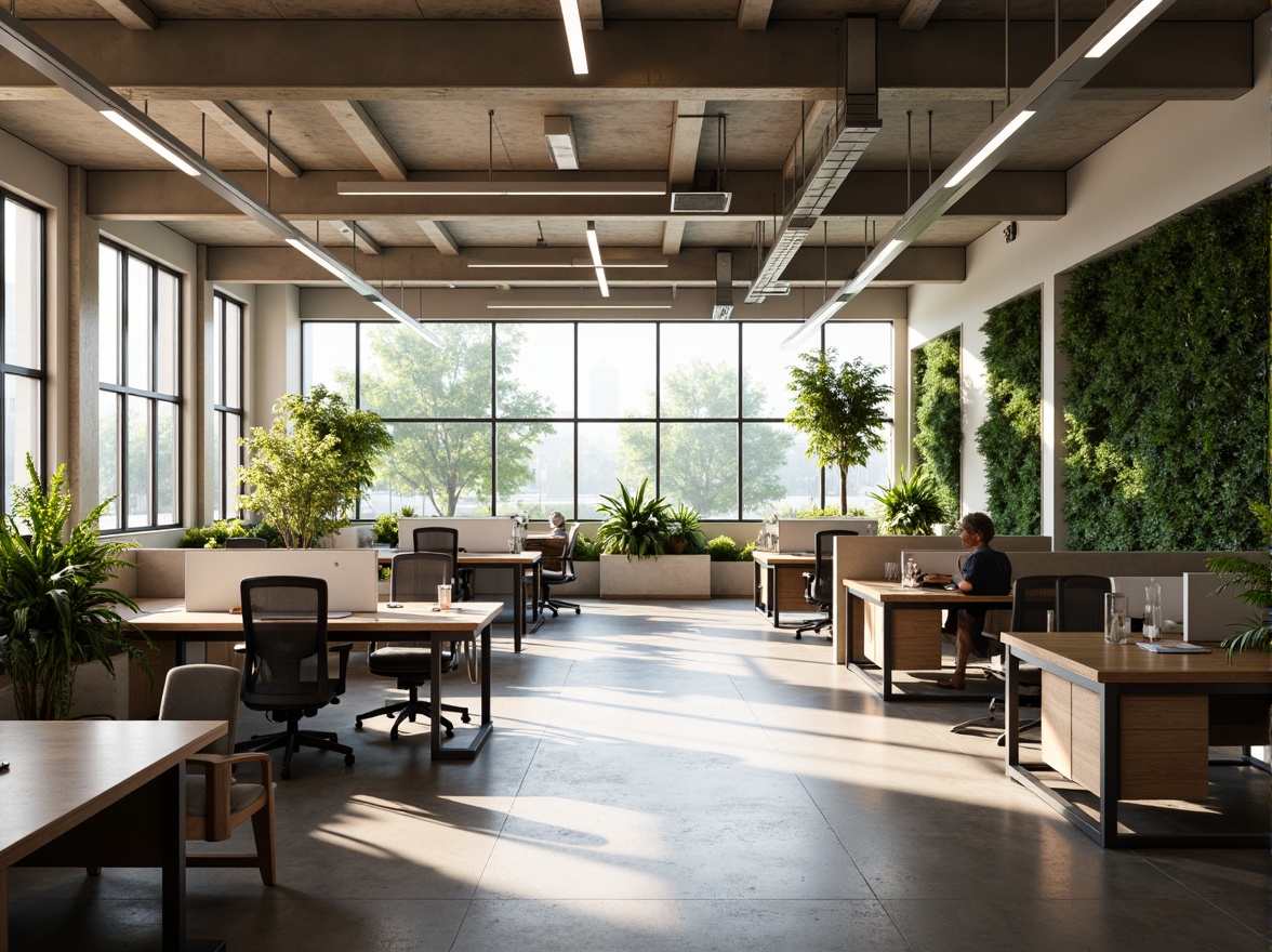 Prompt: Efficient office layout, open floor plan, natural light infusion, minimalist decor, sleek metal furniture, ergonomic workstations, collaborative zones, acoustic panels, sound-absorbing materials, clever storage solutions, vertical green walls, living plants, calming ambiance, soft warm lighting, shallow depth of field, 1/1 composition, realistic textures, ambient occlusion.