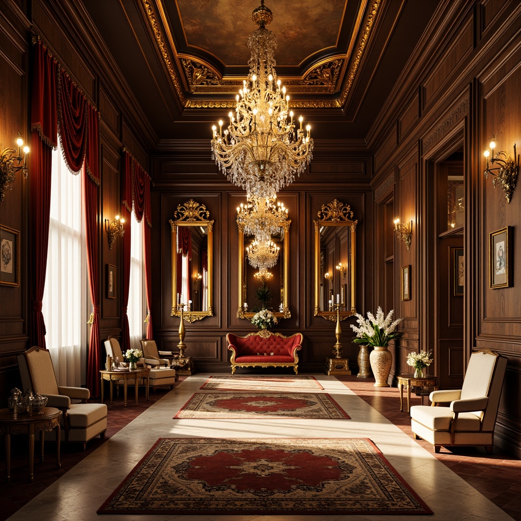 Prompt: Ornate palace, grandiose chandeliers, luxurious velvet drapes, intricately carved wooden furniture, gilded mirrors, ornamental vases, lavish crystal decorations, richly patterned rugs, majestic throne-like chairs, elegant marble floors, warm golden lighting, dramatic shadows, shallow depth of field, 1/1 composition, realistic textures, ambient occlusion.