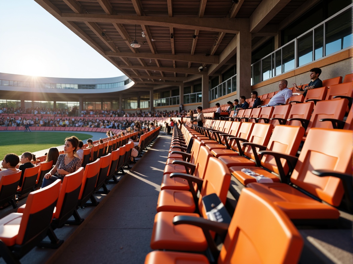 Prompt: Dynamic stadium seating, curved rows, ergonomic chairs, vibrant team colors, sleek metallic frames, adjustable armrests, cup holders, personalized viewing experiences, tiered levels, panoramic views, atmospheric lighting, 3/4 composition, shallow depth of field, realistic textures, ambient occlusion, excited crowd atmosphere, sunny day, soft warm lighting.