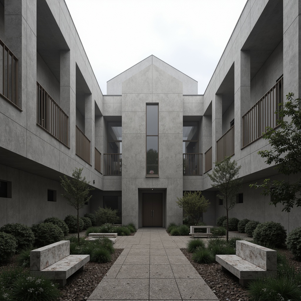 Prompt: Rugged church facade, brutalist architecture, angular concrete walls, fortress-like design, minimalist landscaping, sparse greenery, gravel pathways, industrial-style benches, weathered stone features, dramatic spot lighting, low-lying fog, atmospheric mist, monochromatic color palette, stark shadows, 1/1 composition, symmetrical framing, high-contrast textures, ambient occlusion.Let me know if you need any adjustments!