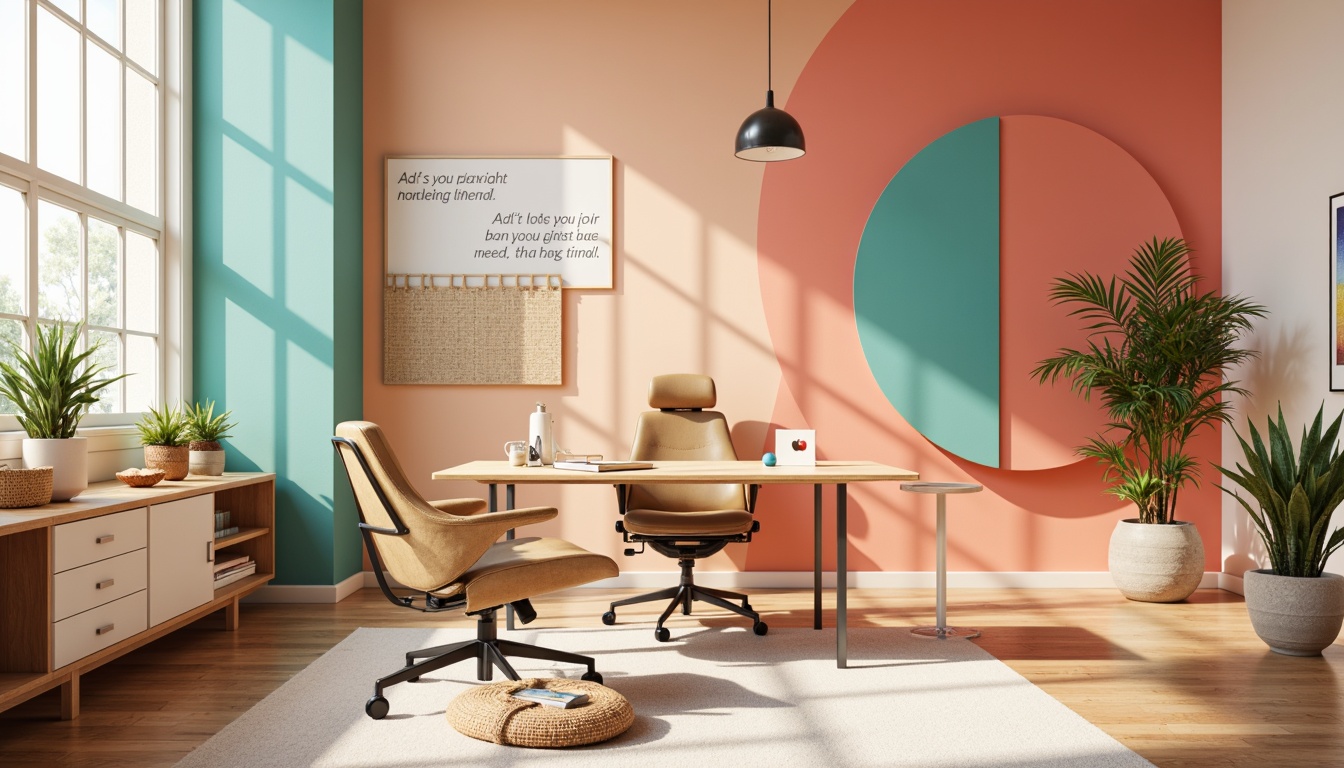 Prompt: Vibrant design studio, modern minimalist workspace, sleek wooden desk, ergonomic chair, inspirational quotes, creative vision board, pastel color scheme, soft peach walls, creamy white furniture, rich turquoise accents, bold coral highlights, natural textiles, woven baskets, plenty of negative space, warm golden lighting, shallow depth of field, 1/2 composition, realistic textures, ambient occlusion.