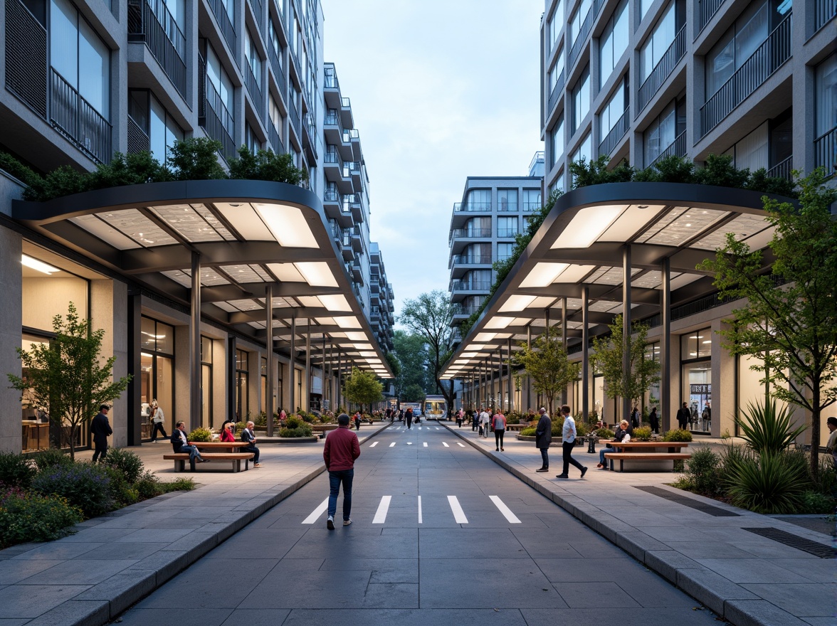 Prompt: Modern tram station, curved glass roofs, translucent canopies, sleek metal columns, LED lighting systems, futuristic architecture, sustainable materials, recycled plastic benches, energy-efficient systems, solar panels, green walls, urban landscaping, busy city streets, rush hour atmosphere, shallow depth of field, 1/2 composition, realistic textures, ambient occlusion.