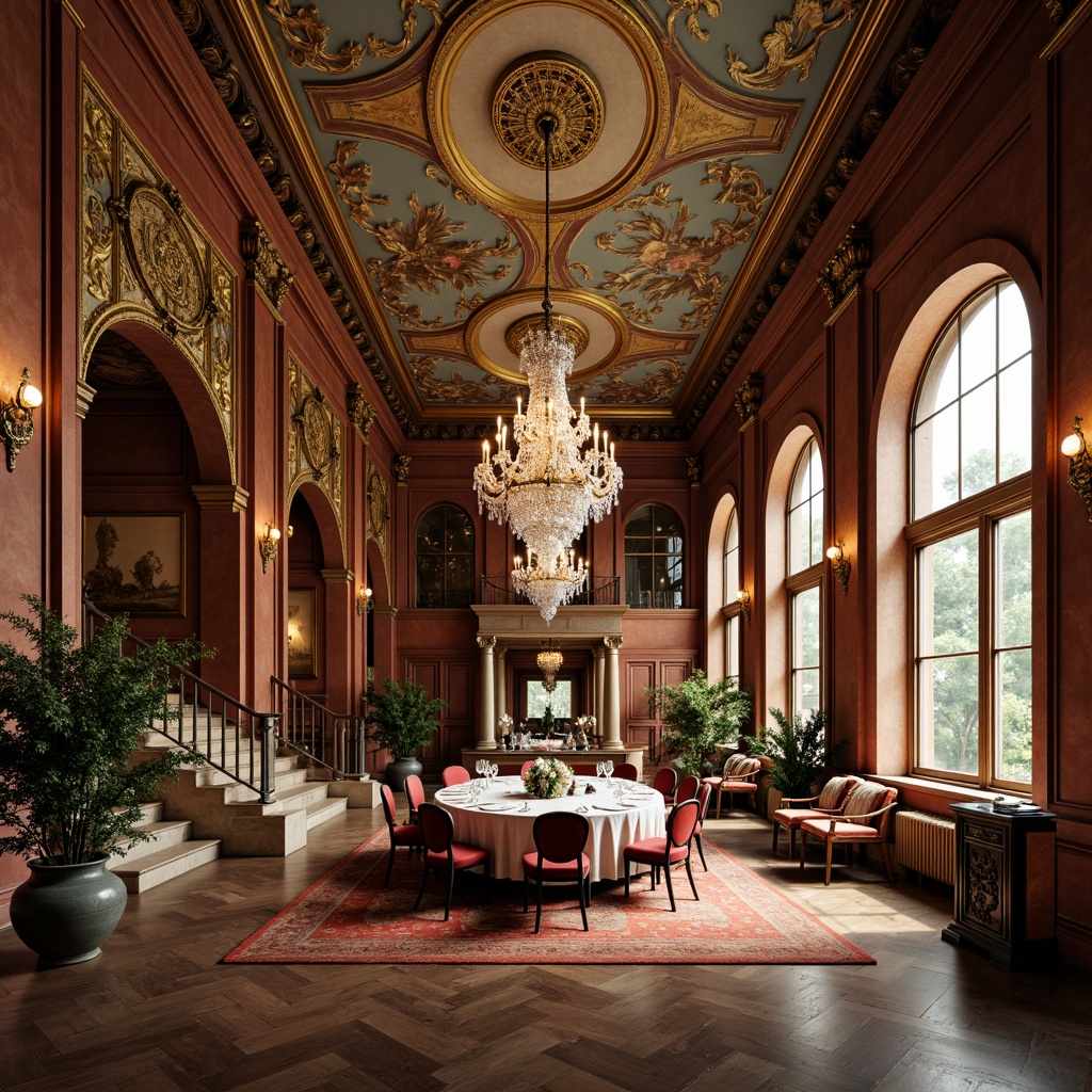 Prompt: Ornate baroque dining hall, grand chandelier, opulent crystal droplets, intricate fresco ceiling, golden leaf patterns, ornamental moldings, lavish drapery, velvet furnishings, rich wood paneling, marble flooring, dramatic archways, sweeping staircases, majestic high ceilings, soft warm lighting, 1/1 composition, realistic textures, ambient occlusion.