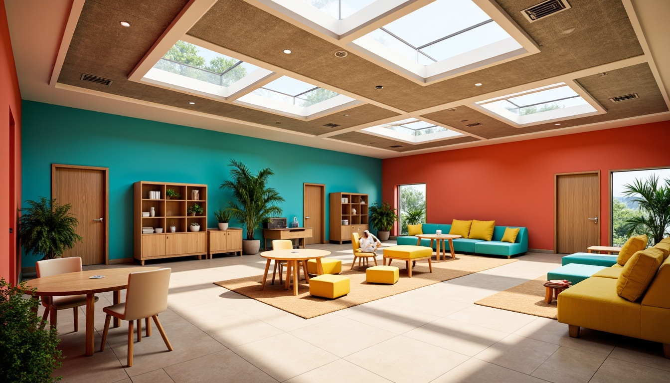 Prompt: Vibrant educational institution, bright coral walls, turquoise accents, warm beige floors, stimulating yellow furniture, soothing greenery, natural wood textures, modern minimalist architecture, large skylights, abundant natural light, soft warm lighting, shallow depth of field, 3/4 composition, panoramic view, realistic textures, ambient occlusion.