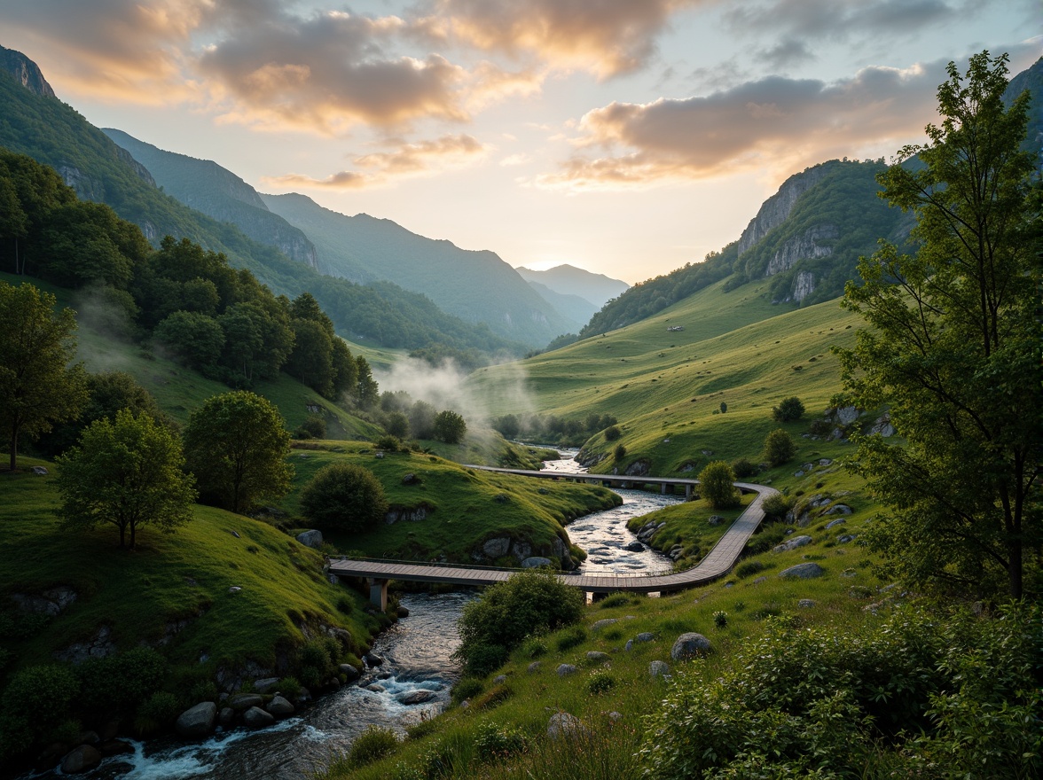 Prompt: Seamless valley integration, rolling hills, lush green forests, sparkling streams, rustic wooden bridges, natural stone pathways, meandering trails, scenic overlooks, dramatic skies, warm sunlight, soft misty atmosphere, 1/2 composition, symmetrical framing, vivid realistic textures, ambient occlusion, misty morning light, serene ambiance.