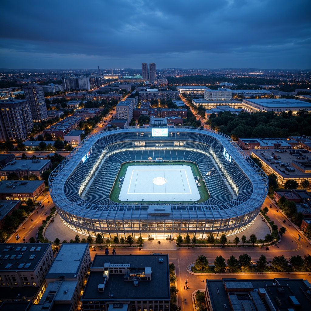 Prompt: Modern stadium design, transparent fa\u00e7ade, glass roof, open-air seating, cantilevered upper tiers, sleek metal beams, minimalist aesthetic, natural ventilation systems, retractable roofs, panoramic views, urban skyline, bustling city atmosphere, vibrant nighttime lighting, dynamic LED displays, futuristic ambiance, sustainable building materials, green roofs, rainwater harvesting systems, eco-friendly infrastructure, innovative climate control technologies, shaded concourses, misting systems, abstract geometric patterns, bold color schemes.