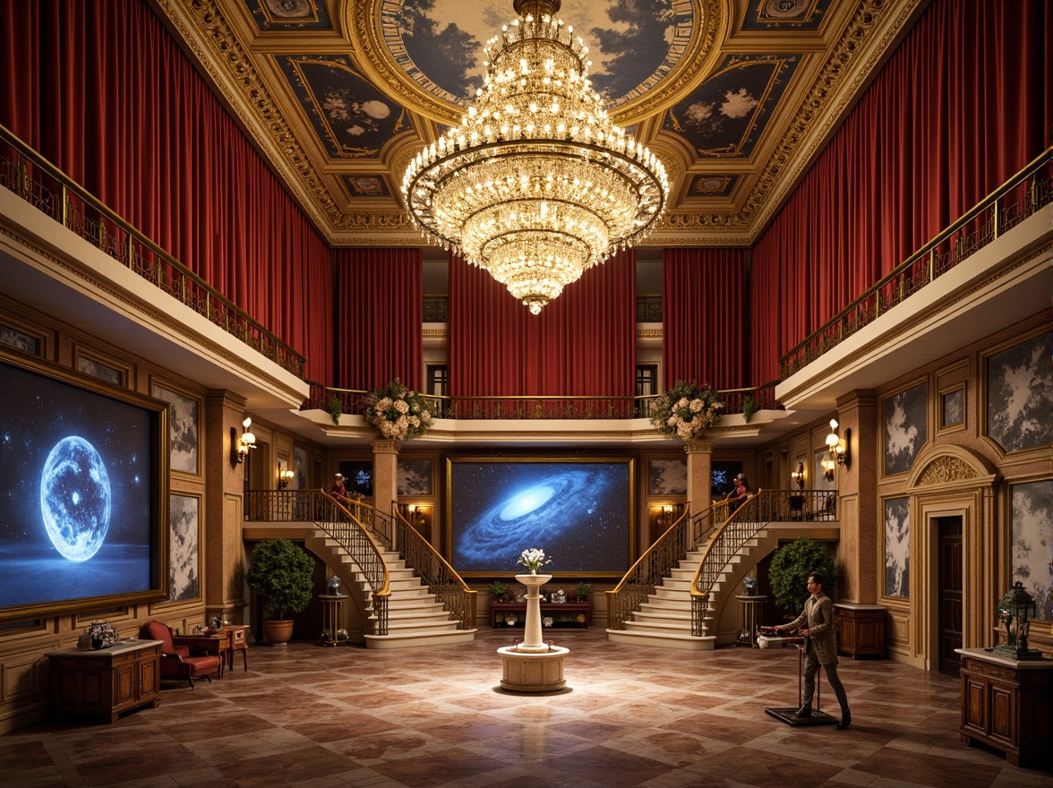 Prompt: Ornate planetarium interior, rich velvet drapes, golden chandeliers, intricate fresco ceilings, marble floors, ornamental columns, grandiose staircases, lavish furnishings, astronomical instruments, antique telescopes, celestial maps, starry night sky projections, soft warm lighting, dramatic shadows, 1/1 composition, symmetrical framing, realistic textures, ambient occlusion.