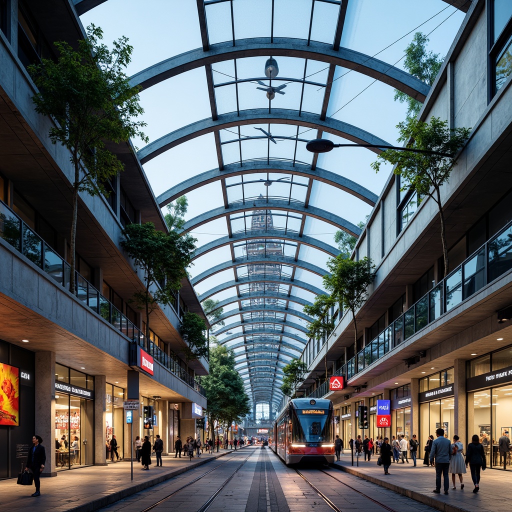 Prompt: Futuristic tram station, curved glass roof, cantilevered steel structures, LED light installations, futuristic signage systems, sustainable energy harvesting, solar panels, wind turbines, green roofs, eco-friendly materials, minimalist design, sleek metal accents, polished concrete floors, vibrant colorful textiles, geometric patterns, ambient lighting, shallow depth of field, 3/4 composition, panoramic view, realistic textures, urban cityscape, busy pedestrian traffic, modern tram cars.