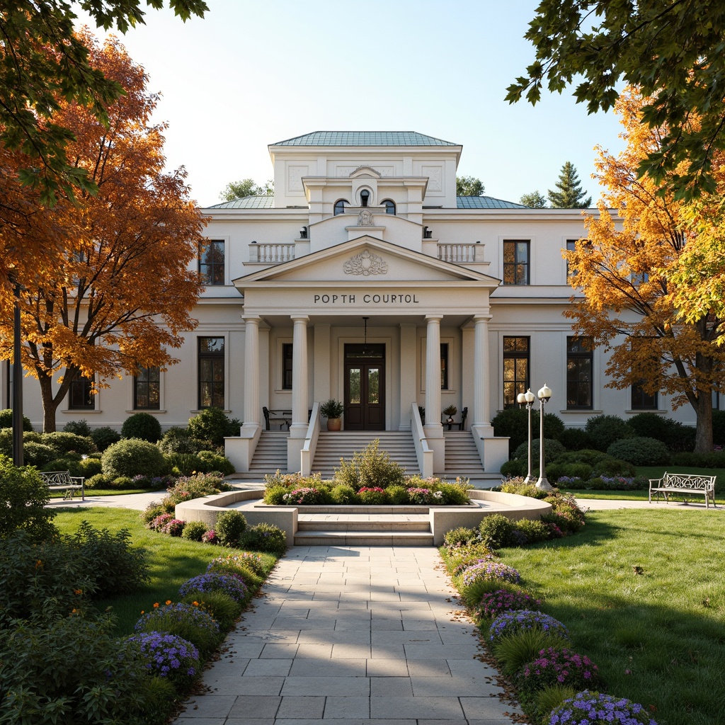 Prompt: Majestic courthouse building, neoclassical architecture, grand staircases, ornate columns, symmetrical facades, lush green lawns, vibrant flowerbeds, manicured hedges, walking paths, natural stone paving, cast iron benches, historic lampposts, autumn foliage, warm sunny day, soft diffused lighting, 1/2 composition, close-up shots, realistic textures, subtle ambient occlusion.