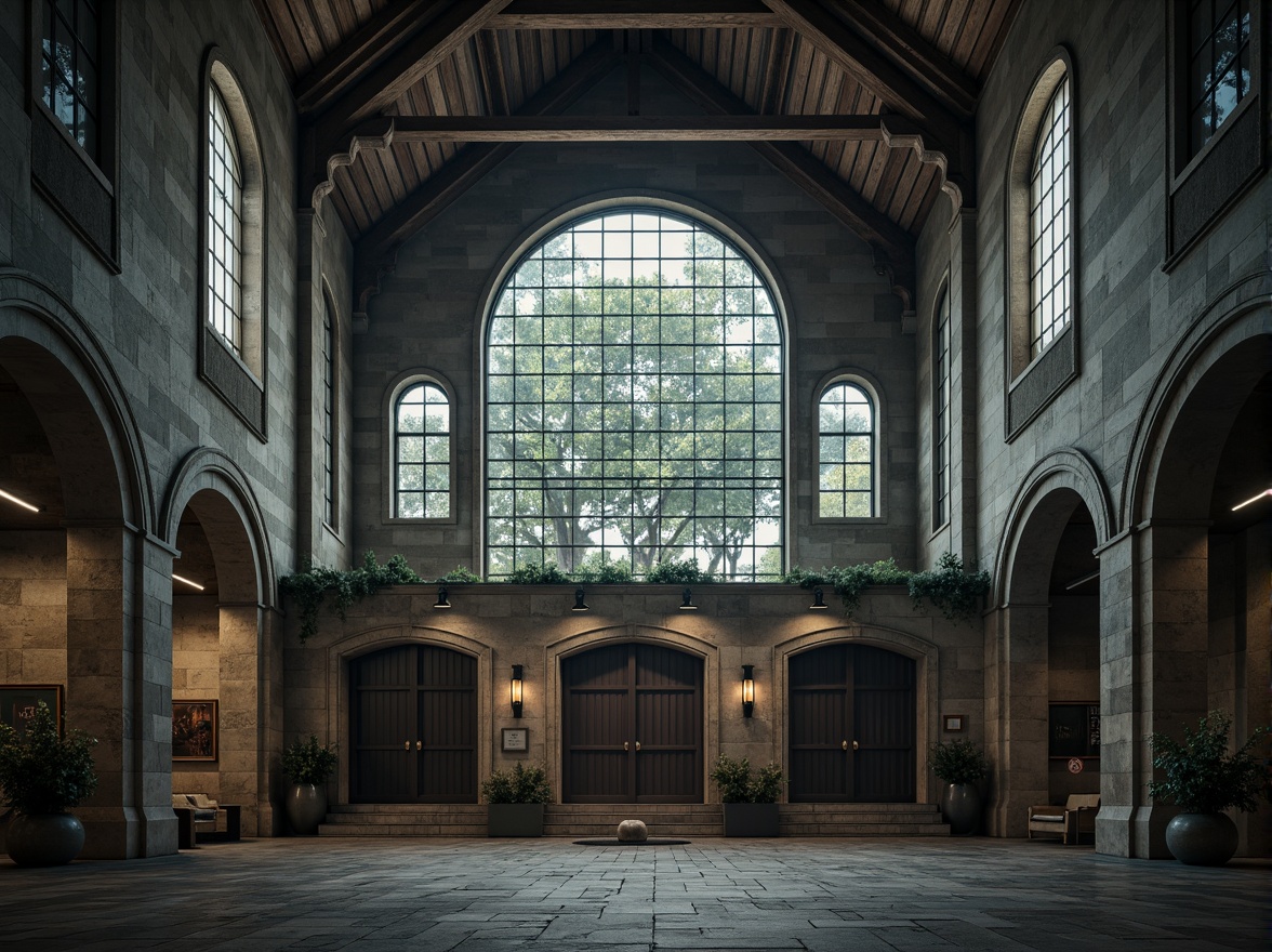 Prompt: Rugged church facade, brutalist architecture, raw concrete textures, board-marked patterns, fortress-like structure, grandiose entrance, heavy metal doors, stained glass windows, dramatic natural light, vaulted ceilings, ribbed arches, minimalist interior design, exposed ductwork, industrial-style lighting, weathered stone walls, mysterious ambiance, low-angle photography, cinematic composition, high-contrast rendering, detailed textures, atmospheric fog.