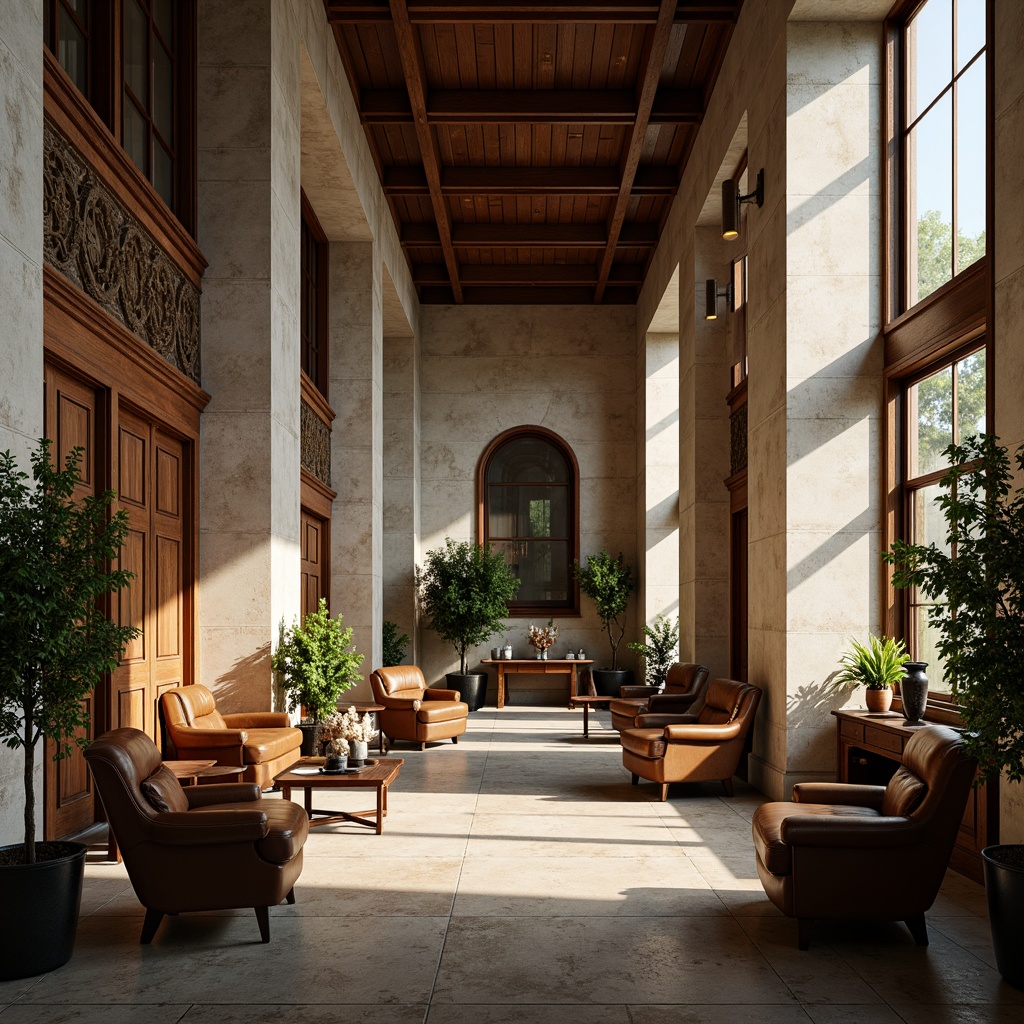 Prompt: Grand stone columns, ornate carvings, high ceilings, wooden beams, rustic brick walls, earthy color palette, vintage furniture, leather armchairs, wooden desks, greenery, natural light, soft warm lighting, shallow depth of field, 3/4 composition, panoramic view, realistic textures, ambient occlusion.