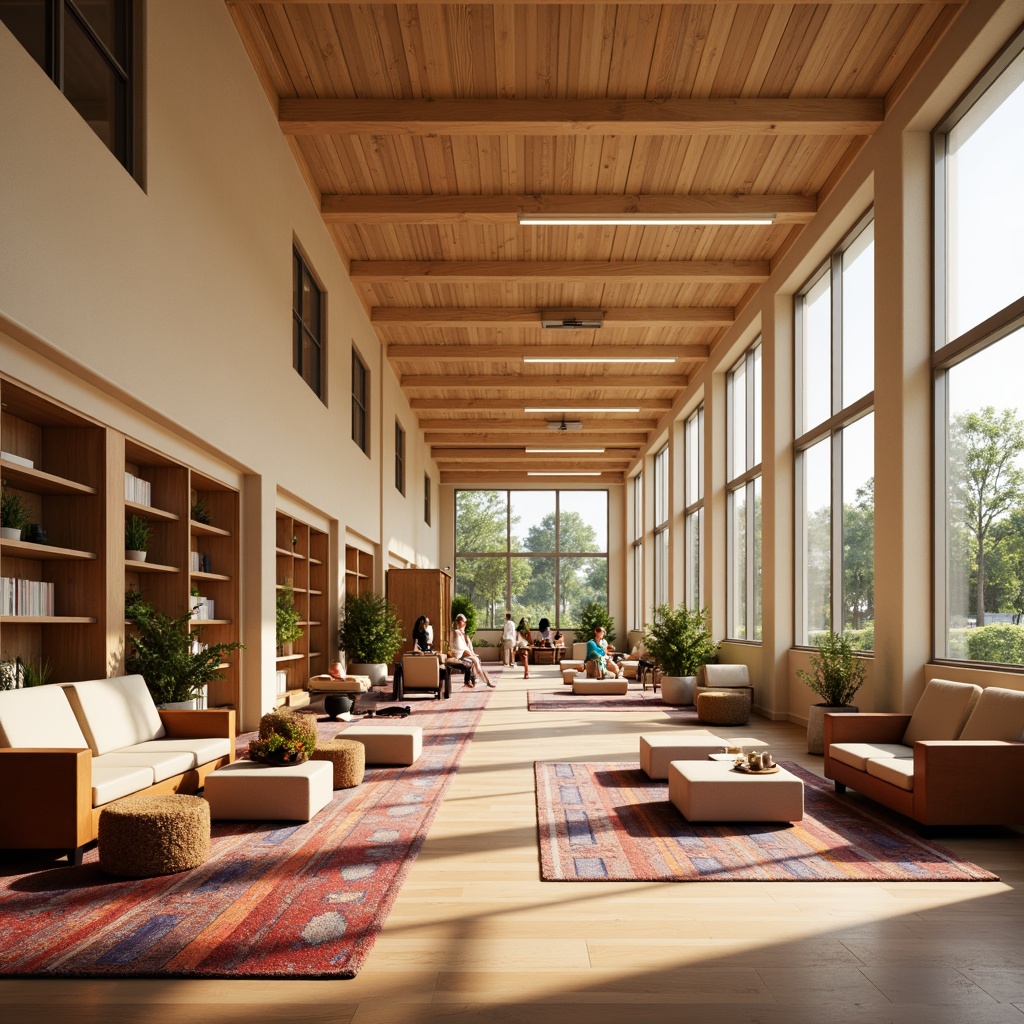 Prompt: Cozy community center, warm beige walls, polished wooden floors, comfortable seating areas, vibrant colorful rugs, natural light pouring in, floor-to-ceiling windows, minimal ornamentation, functional shelves, collaborative workspaces, modular furniture, acoustic panels, soft warm lighting, 1/2 composition, shallow depth of field, realistic textures, ambient occlusion.