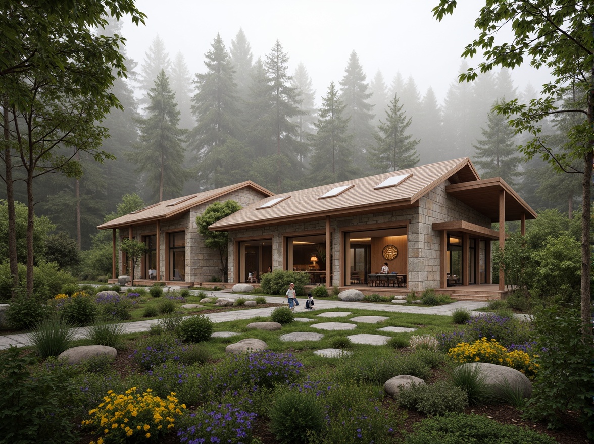 Prompt: Rustic visitor center, natural stone exterior, wooden accents, large windows, clerestory roofs, skylights, open floor plans, minimalist interior design, earthy color palette, abundant greenery, living walls, lush vegetation, forest surroundings, misty morning atmosphere, soft warm lighting, shallow depth of field, 1/1 composition, panoramic view, realistic textures, ambient occlusion.