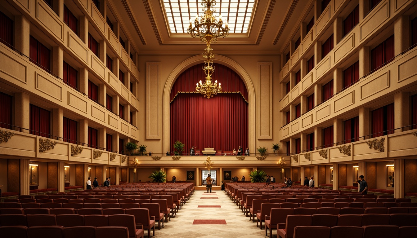 Prompt: Elegant concert hall, rich wood tones, warm beige walls, polished marble floors, grand chandeliers, ornate balconies, velvet curtains, comfortable seating, subtle ambient lighting, warm spotlights, soft shadows, 1/2 composition, realistic textures, atmospheric perspective, warm afternoon light, refined architectural details, classic columns, intricate moldings, sophisticated color palette, earthy tones, muted gold accents.