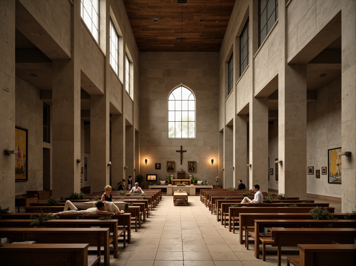 Prompt: Dramatic church interior, brutalist architecture, raw concrete walls, industrial-style lighting, minimalist decor, earthy color palette, muted tones, beige stone floors, weathered wooden pews, stained glass windows, moody atmospheric lighting, soft warm glow, high ceilings, open spaces, abstract modern art pieces, simple crucifixes, sparse furniture, natural textures, monochromatic scheme, bold accent walls, spiritual ambiance, contemplative atmosphere, wide-angle lens, low-key lighting, cinematic composition.