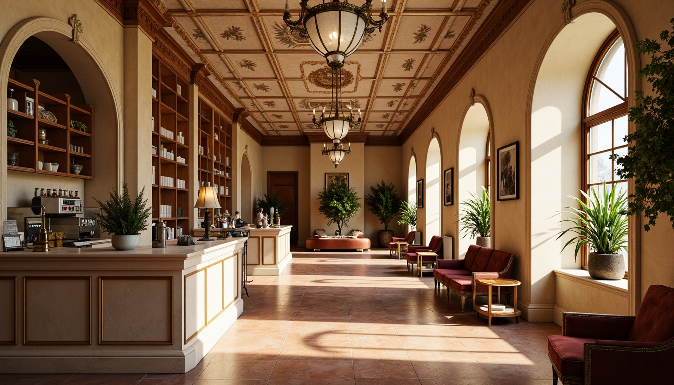 Prompt: Rich wooden accents, warm beige walls, ornate gold fixtures, elegant marble countertops, comfortable velvet upholstery, subtle fresco ceilings, soft natural light, warm cream colors, classic ornamental moldings, intricate stone carvings, luxurious crystal chandeliers, Renaissance-inspired patterns, earthy terracotta floors, calming ambiance, shallow depth of field, 1/2 composition, realistic textures, ambient occlusion.