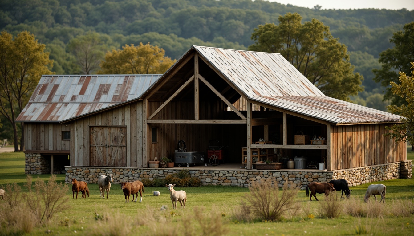 Prompt: Rustic barn, wooden beams, natural stone foundation, earthy tones, countryside surroundings, rolling hills, green pastures, farm animals, vintage agricultural equipment, weathered metal roofs, distressed wood textures, warm soft lighting, shallow depth of field, 1/2 composition, cinematic view, realistic rustic atmosphere, ambient occlusion.