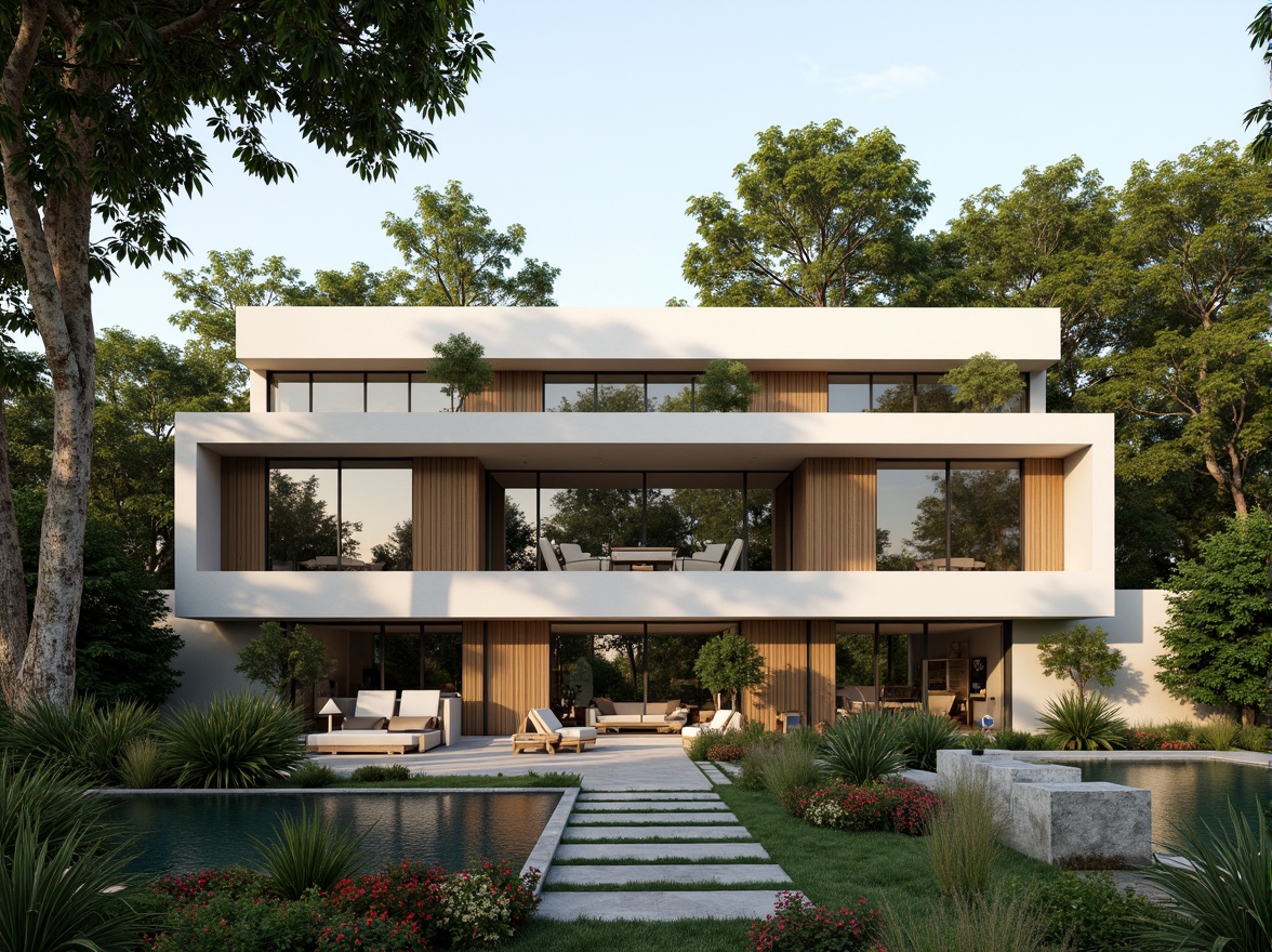 Prompt: Luxurious villa, modern minimalist design, energy-efficient windows, solar panels, green roofs, eco-friendly materials, sustainable water systems, smart home automation, natural ventilation, large overhangs, shaded outdoor spaces, misting systems, serene courtyard, lush greenery, vibrant flowers, water features, stone pathways, warm neutral color palette, soft diffused lighting, 1/1 composition, realistic textures, ambient occlusion.