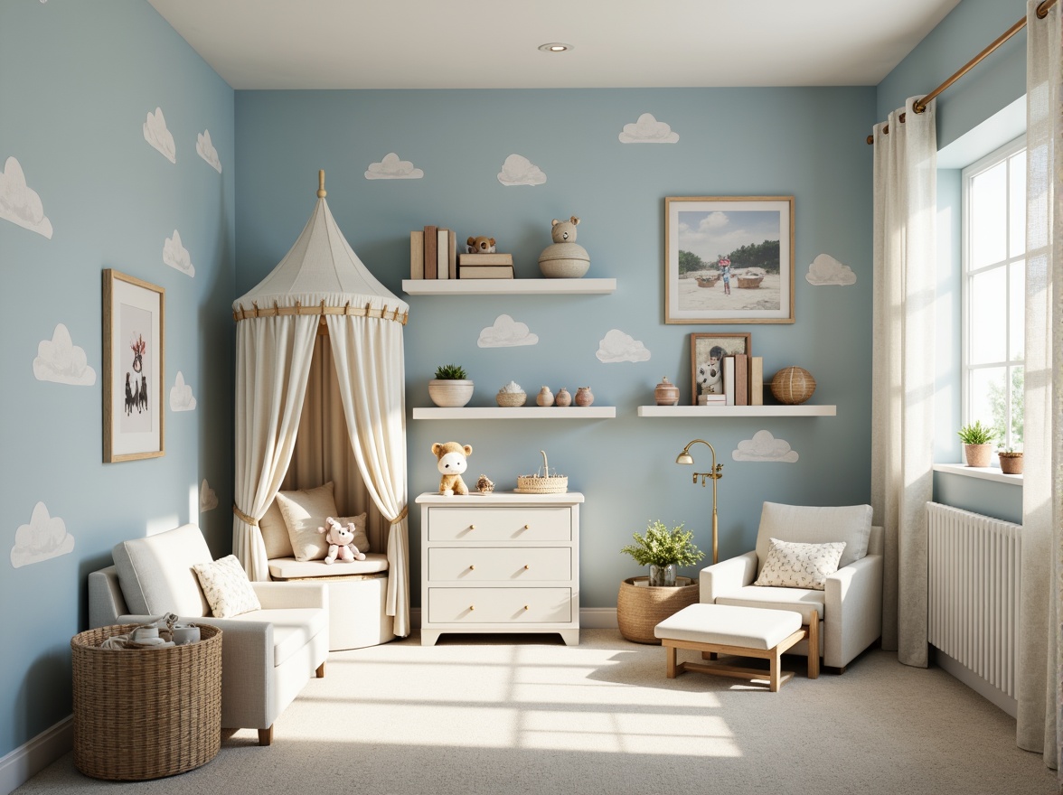 Prompt: Soft baby blue walls, gentle nursery rhyme decorations, creamy white furniture, plush toy-filled shelves, delicate lace curtains, warm beige carpets, cozy reading nooks, natural wood accents, subtle cloud patterns, calming ambient lighting, shallow depth of field, 1/1 composition, intimate atmosphere, soothing color scheme, peaceful ambiance.