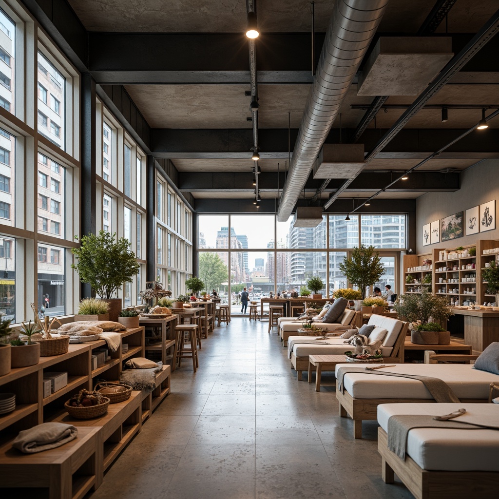 Prompt: Minimalist market architecture, neutral color palette, industrial metal beams, polished concrete floors, reclaimed wood accents, natural textiles, woven baskets, linen fabrics, cotton rope details, subtle patterns, monochromatic hues, soft diffused lighting, shallow depth of field, 1/1 composition, symmetrical framing, realistic materials, ambient occlusion, urban cityscape, bustling streets, modern skyscrapers.