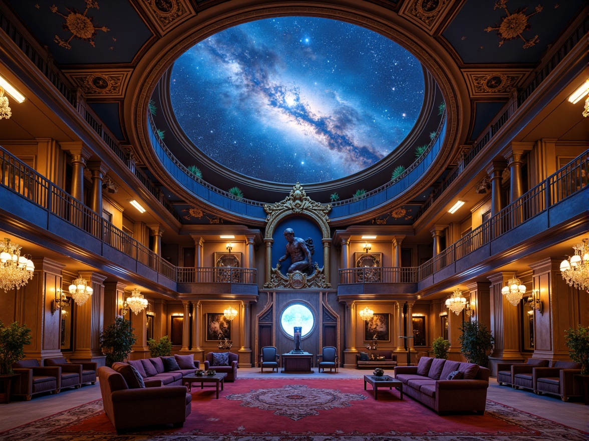 Prompt: Richly ornate planetarium, Baroque-inspired architecture, golden accents, intricate moldings, lavish chandeliers, celestial body projections, starry night sky, deep blues and purples, luxurious velvet fabrics, ornate metalwork, gilded frames, soft warm lighting, dramatic spotlights, 3/4 composition, symmetrical layout, high-contrast textures, ambient occlusion, realistic reflections.