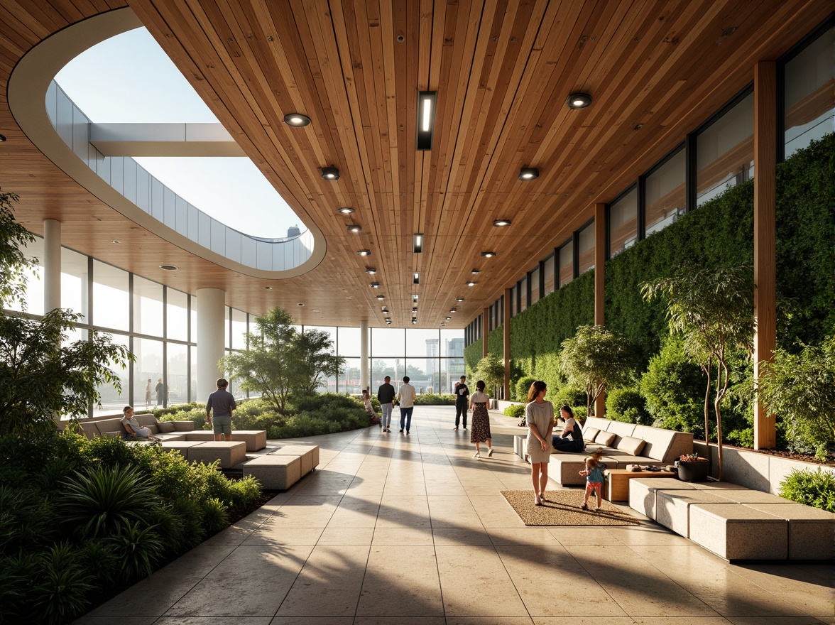 Prompt: Curved aerodynamic lines, futuristic airport terminal, organic shapes, natural stone cladding, wooden accents, living green walls, lush vegetation, tropical plants, warm earthy tones, soft diffused lighting, shallow depth of field, 1/2 composition, realistic textures, ambient occlusion, bustling atmosphere, morning light, subtle misting effects.