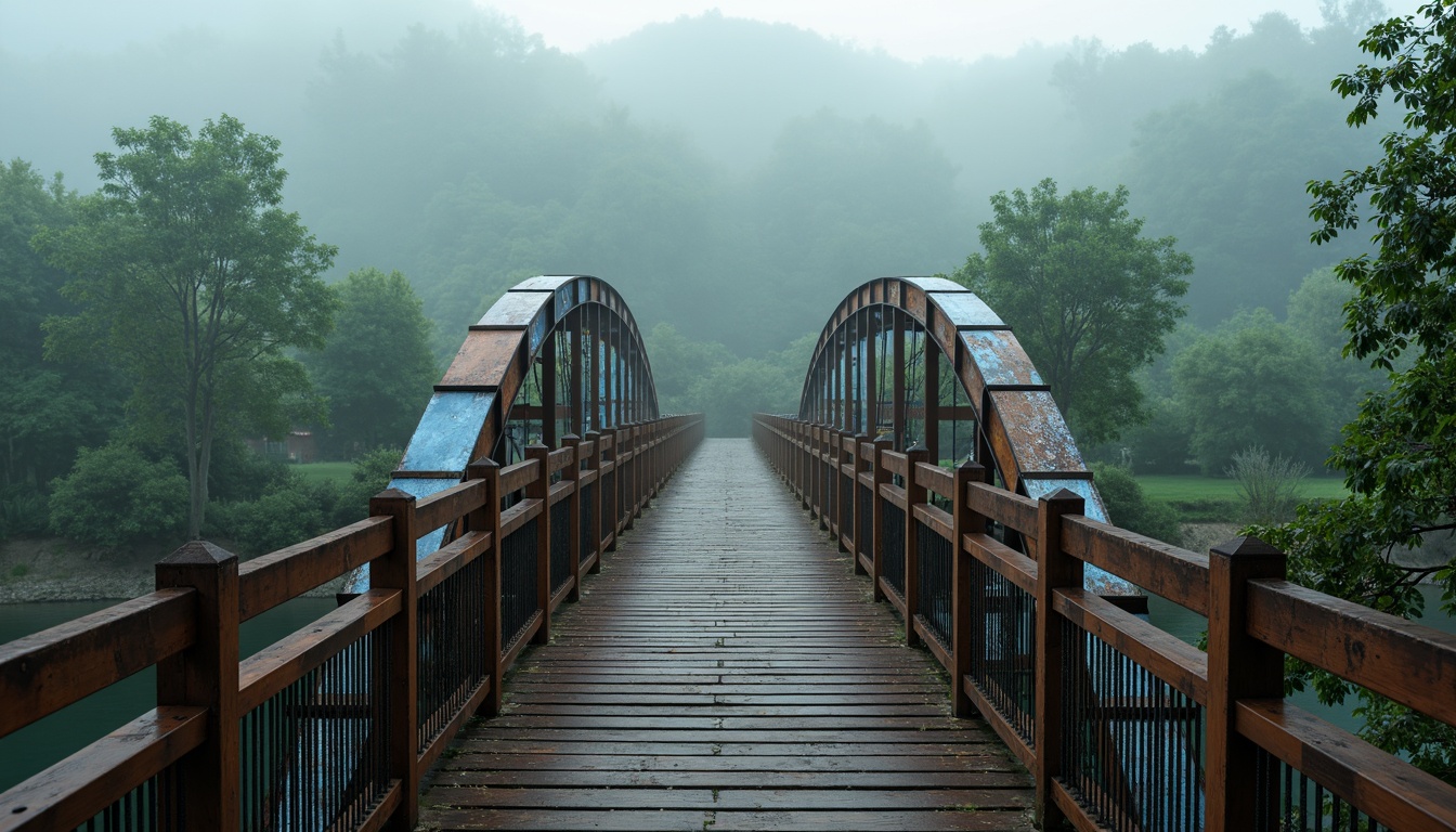 Prompt: Rustic steel bridges, weathered wooden decks, industrial metal railings, faded blue accents, earthy brown tones, muted green surroundings, misty morning atmosphere, soft diffused lighting, subtle gradient effects, atmospheric perspective, cinematic composition, realistic material textures, ambient occlusion.