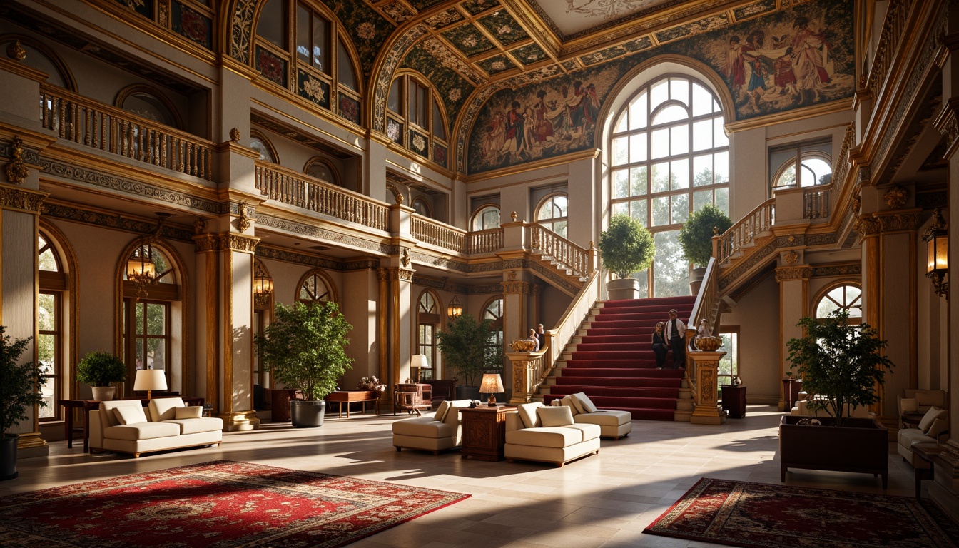 Prompt: Opulent palace, grandiose fa\u00e7ade, intricately carved stonework, gilded ornaments, ornate balconies, sweeping staircases, majestic domes, frescoed ceilings, richly patterned rugs, lavish chandeliers, golden accents, delicate moldings, curved lines, dramatic lighting, warm color palette, high contrast shadows, 1/1 composition, symmetrical arrangement, realistic textures, detailed normal maps.