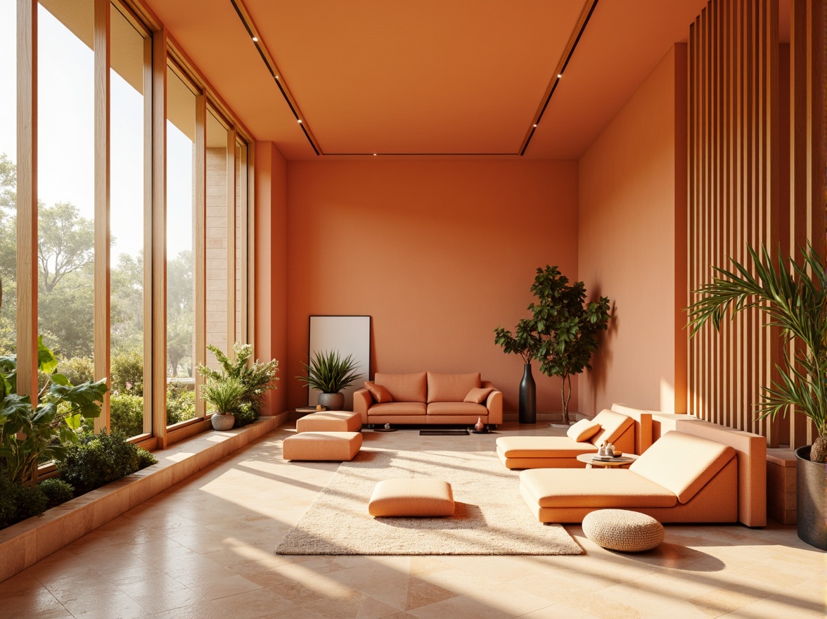 Prompt: Vibrant apricot-colored walls, modern minimalist architecture, sleek lines, large windows, natural light pouring in, warm beige floors, plush apricot-hued furniture, greenery accents, potted plants, cozy reading nook, soft warm lighting, shallow depth of field, 3/4 composition, panoramic view, realistic textures, ambient occlusion.