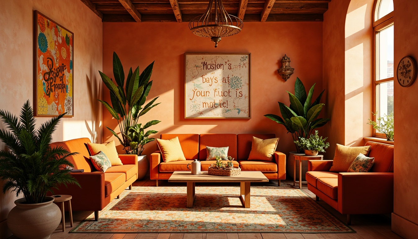 Prompt: Vibrant tangerine hues, warm golden lighting, modern eclectic interior design, abstract geometric patterns, colorful Moroccan tiles, plush velvet furniture, metallic accents, natural woven textiles, lush greenery, potted plants, wooden decorative elements, bohemian-inspired decor, eclectic art pieces, bold typography, playful confetti-like details, 1/1 composition, soft focus, warm atmospheric lighting, realistic textures.