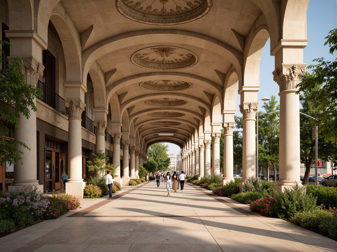 Prompt: Grandiose metro station, Romanesque archways, ornate columns, intricate stone carvings, lush greenery, vibrant flower arrangements, modern urban landscape, bustling city atmosphere, natural stone walkways, grand staircases, elegant lighting fixtures, warm beige tones, earthy textures, shallow depth of field, 1/1 composition, symmetrical framing, realistic ambiance, ambient occlusion.