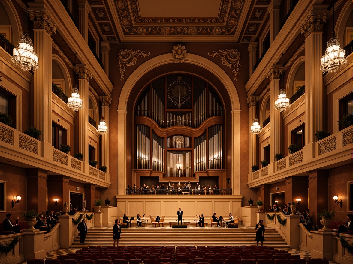 Prompt: Grand concert house, elegant facade, neoclassical architecture, ornate details, ionic columns, architraves, grand entrance, sweeping staircases, opulent chandeliers, rich wood tones, luxurious textiles, refined acoustic panels, intimate performance spaces, flexible seating arrangements, warm ambient lighting, softbox lighting, 1/2 composition, medium shot, realistic materials, subtle specularity.