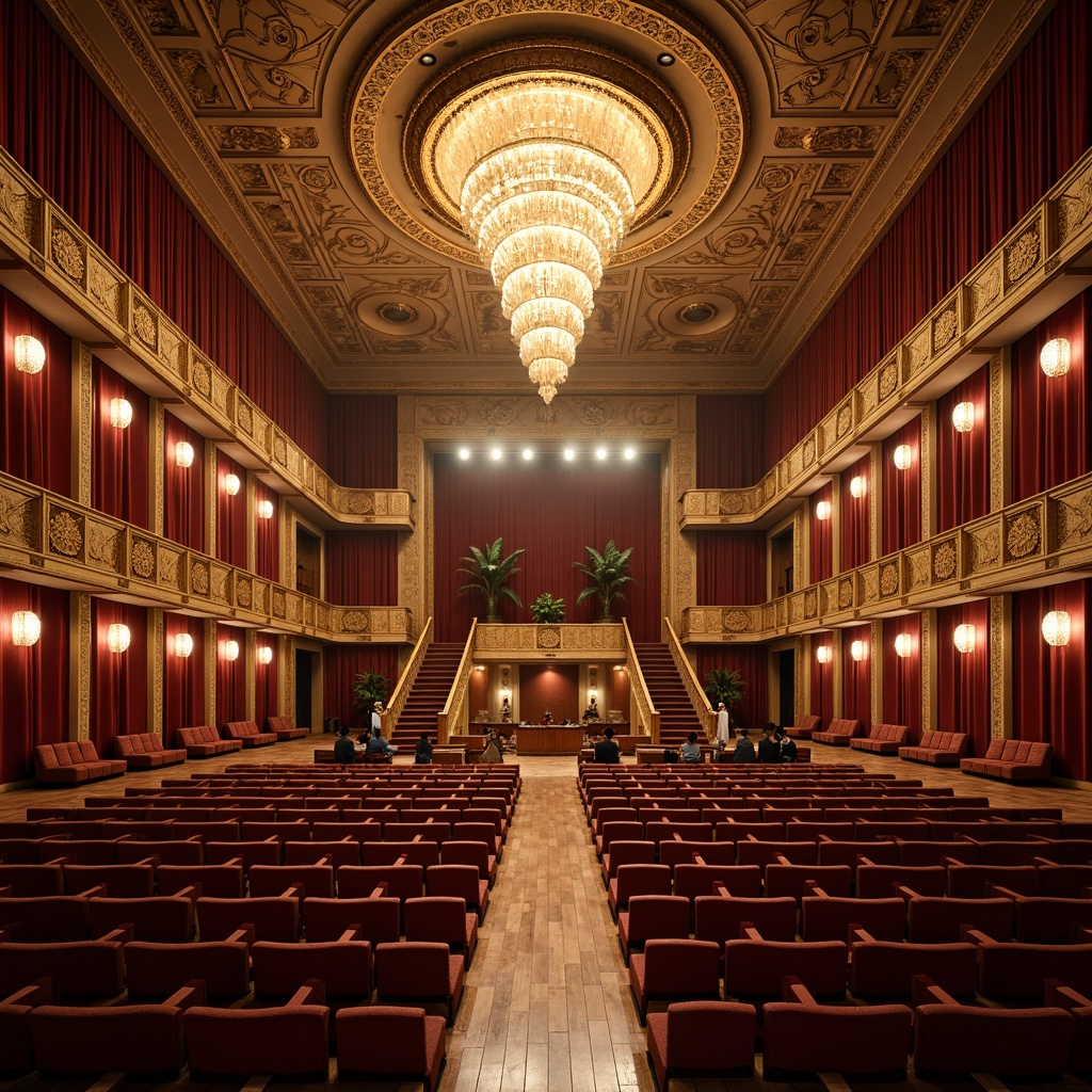 Prompt: Grand auditorium, ornate plasterwork, intricate moldings, gilded accents, velvet drapes, luxurious upholstery, polished wooden floors, grand chandeliers, sweeping staircases, majestic balconies, dramatic spotlights, warm golden lighting, shallow depth of field, 1/2 composition, realistic textures, ambient occlusion.