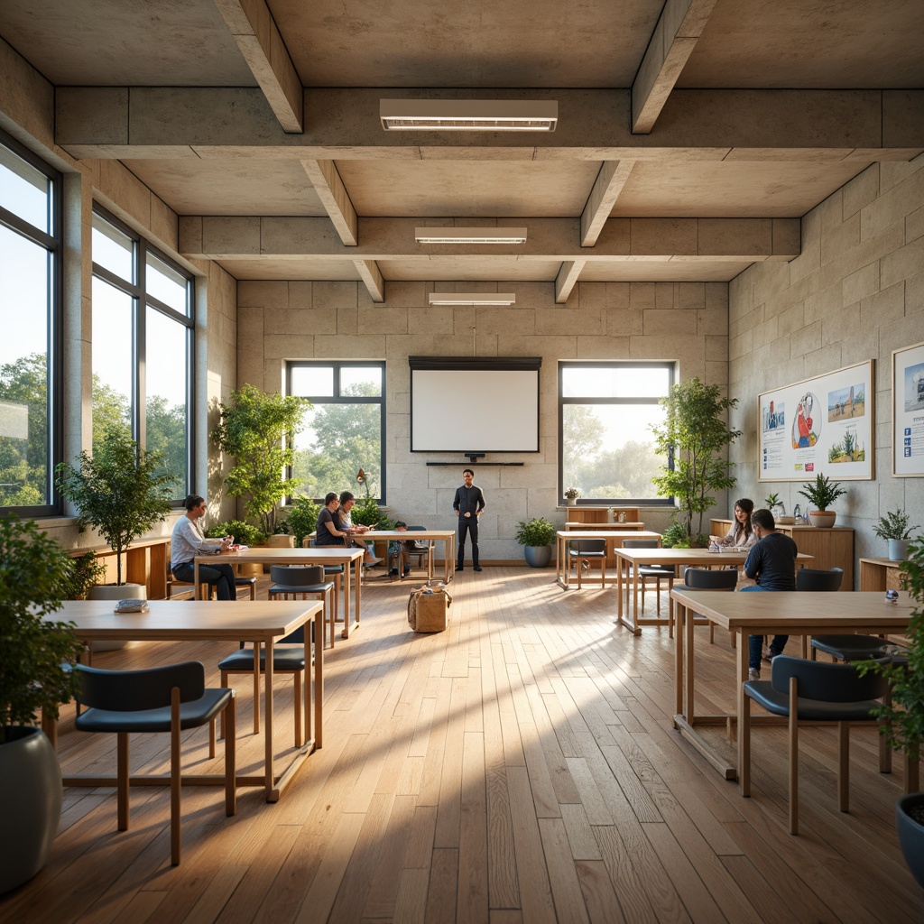 Prompt: Bright classrooms, large windows, high ceilings, natural stone walls, wooden floors, minimalist decor, abundant greenery, potted plants, educational posters, interactive whiteboards, collaborative seating, flexible learning spaces, soft warm lighting, shallow depth of field, 3/4 composition, panoramic view, realistic textures, ambient occlusion.