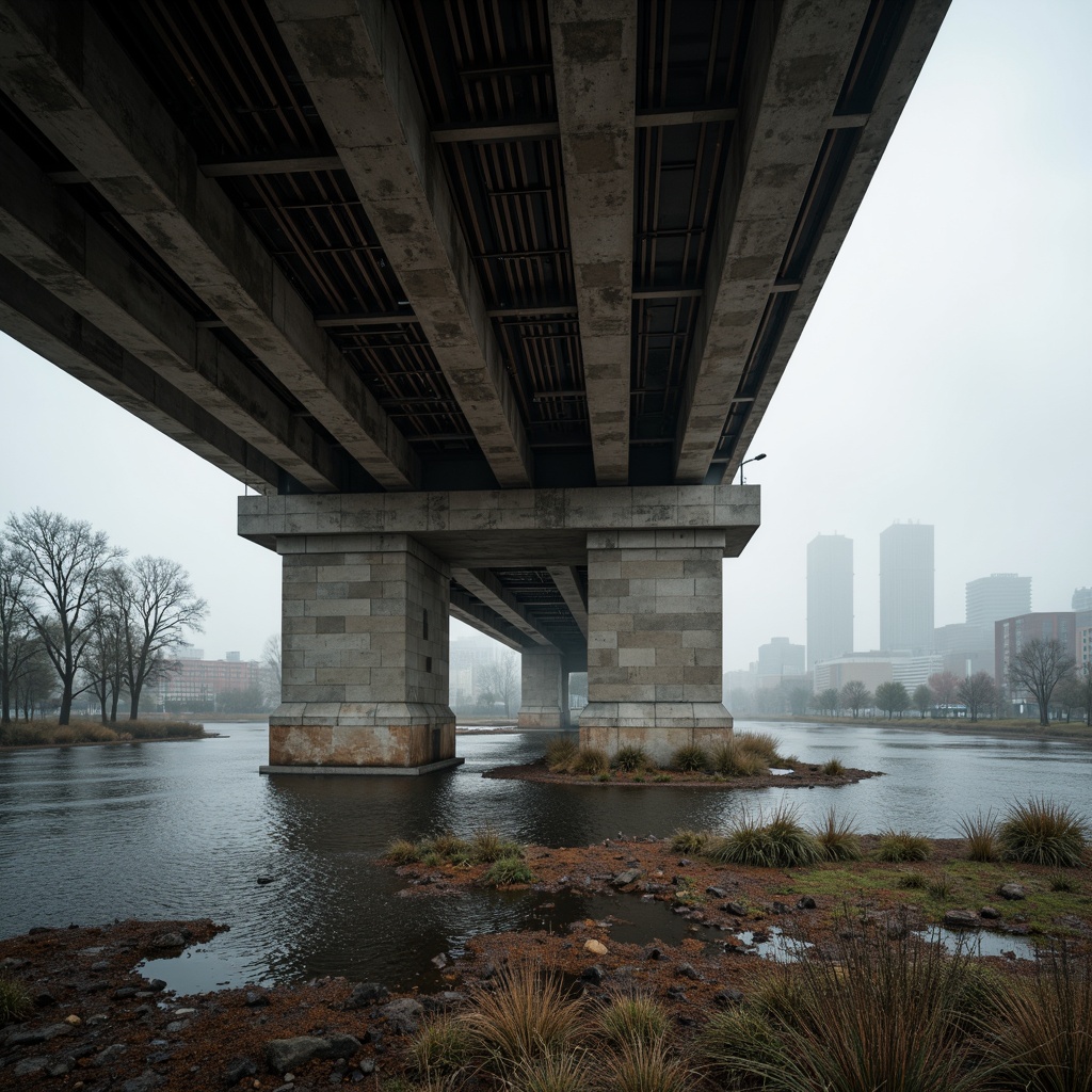 Prompt: Rugged brutalist bridge, exposed concrete structure, industrial metal accents, weathered steel beams, raw unfinished textures, muted earthy tones, greyish brown hues, rusty red-orange undertones, urban cityscape background, gloomy overcast sky, dramatic low-angle lighting, atmospheric mist effects, shallow depth of field, 2/3 composition, cinematic mood, realistic renderings.