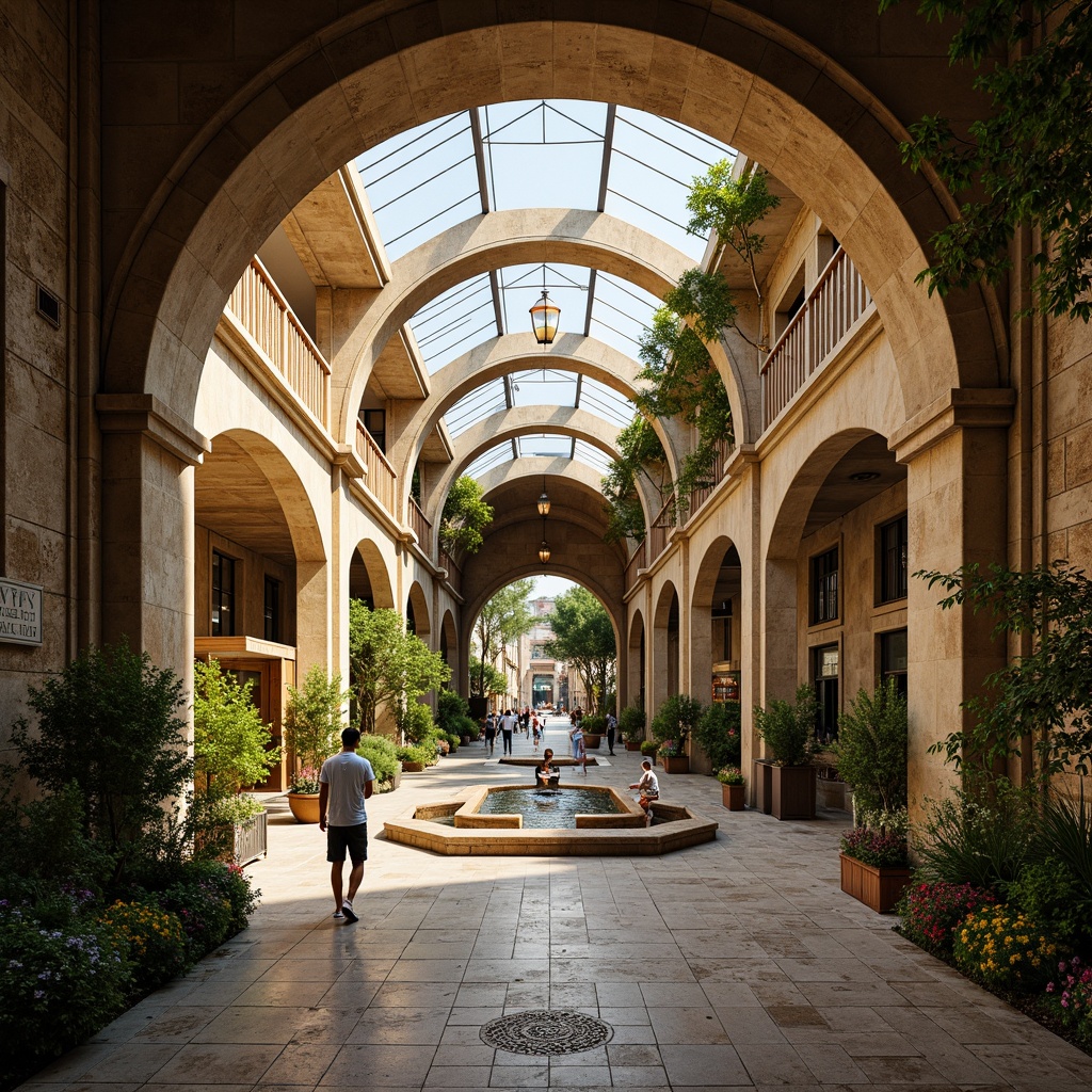 Prompt: Ancient Roman-inspired metro station, grand archways, ornate columns, rustic stone walls, lush greenery, vibrant flowers, intricate mosaics, decorative fountains, natural light pouring in through large skylights, modern urban landscape, bustling city atmosphere, soft warm lighting, shallow depth of field, 3/4 composition, panoramic view, realistic textures, ambient occlusion.