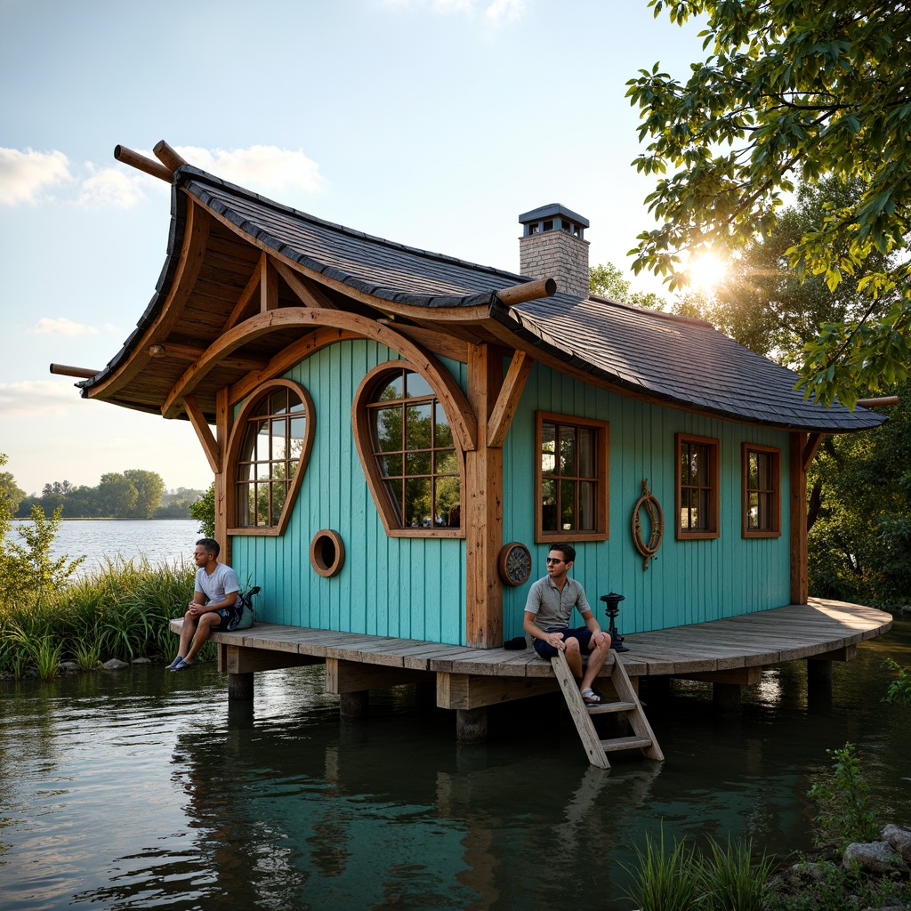 Prompt: Whimsical boathouse, eclectic roof design, curved wooden shingles, vibrant turquoise accents, distressed wood textures, nautical rope details, porthole windows, corrugated metal cladding, asymmetrical composition, playful mix of materials, lush greenery surroundings, serene lake views, soft morning light, warm golden hour, shallow depth of field, 1/1 composition, realistic reflections, ambient occlusion.