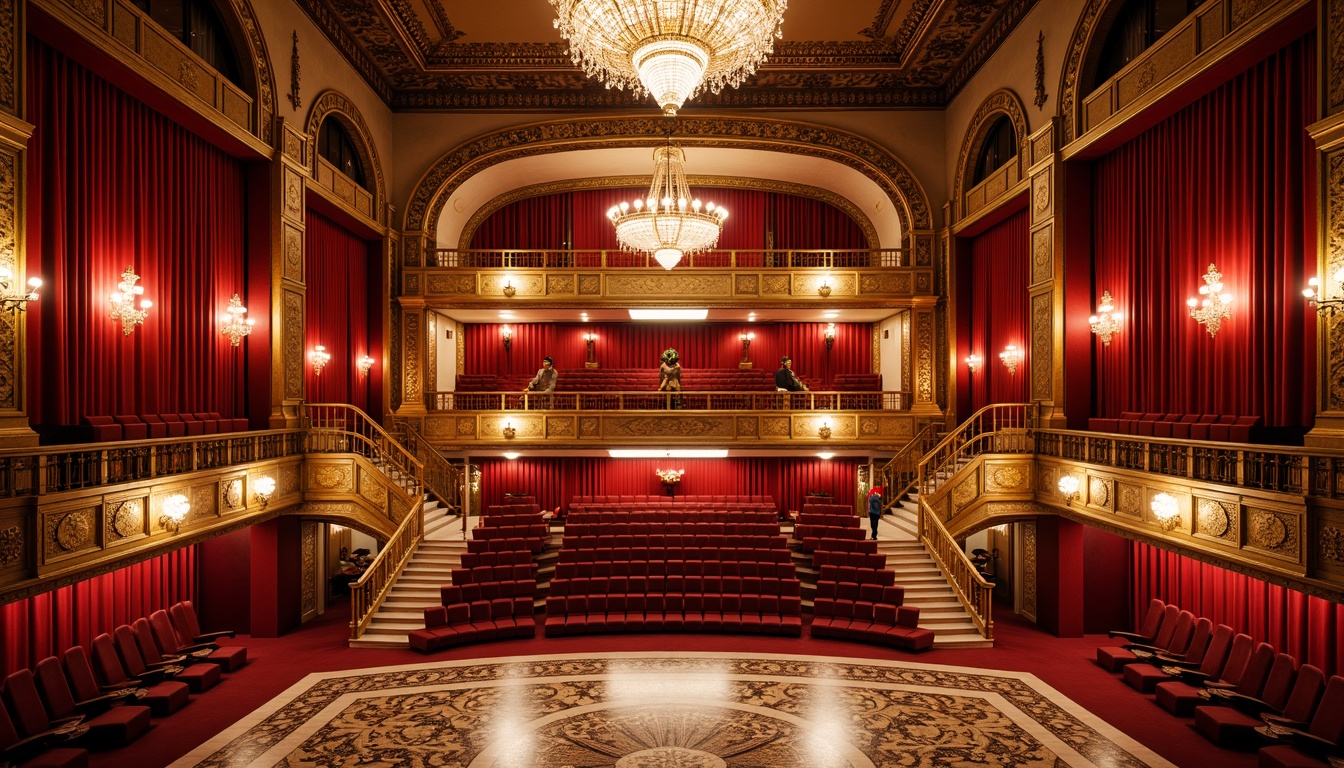 Prompt: Vibrant opera house, rich velvet drapes, ornate golden accents, bold crimson walls, lavish crystal chandeliers, intricate mosaic floors, grand staircases, opulent balconies, Baroque-inspired architectural details, warm golden lighting, dramatic spotlights, 1/2 composition, shallow depth of field, realistic textures, ambient occlusion.