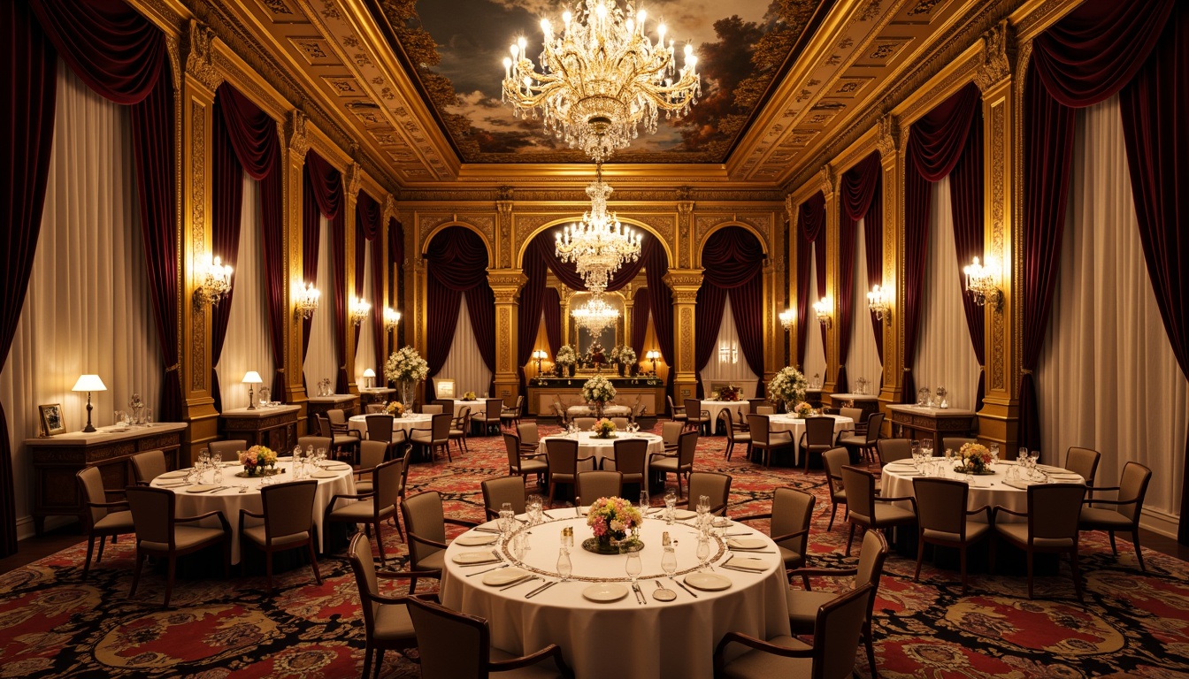 Prompt: Luxurious dining hall, grand chandeliers, ornate mirrors, richly patterned carpets, velvet drapes, gilded moldings, intricate frescoes, marble floors, ornate furniture, lavish banquet tables, candelabras, crystal glassware, heavy curtains, dramatic lighting, warm golden tones, shallow depth of field, 1/2 composition, symmetrical framing, high-contrast rendering, realistic textures, ambient occlusion.