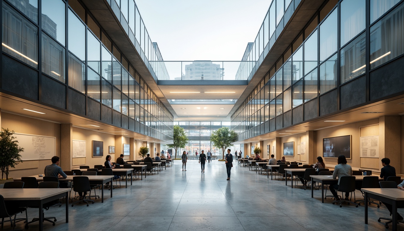 Prompt: Sleek university building, minimalist architecture, transparent glass fa\u00e7ade, subtle color palette, clean lines, open atrium, natural light pouring in, polished concrete floors, modern lecture halls, ergonomic chairs, interactive whiteboards, floor-to-ceiling windows, seamless transitions, warm ambient lighting, shallow depth of field, 1/1 composition, symmetrical view, realistic reflections, soft focus blur.