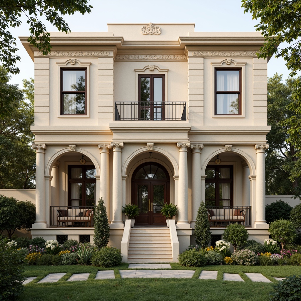 Prompt: Elegant residential facade, classic ornate details, symmetrical composition, balanced proportions, grand entranceways, decorative columns, arched windows, intricate stonework, soft creamy stucco, warm beige tones, lush greenery, manicured lawns, inviting porches, ornamental ironwork, subtle cornice details, dignified pilasters, refined molding profiles, ambient natural light, shallow depth of field, 1/1 composition, realistic textures, gentle afternoon sun.