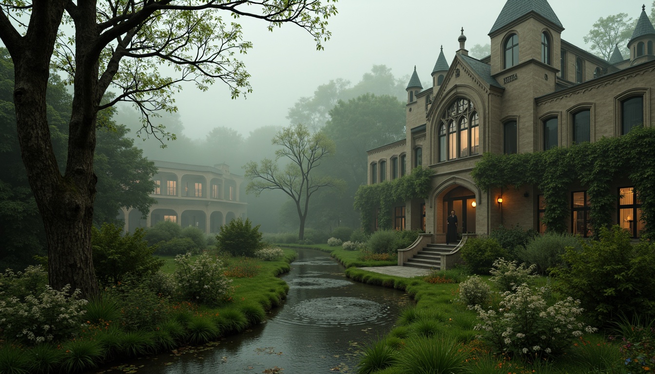 Prompt: Whispering brook, lush meadow, rolling hills, misty atmosphere, ancient trees, twisted branches, overgrown ruins, mysterious fog, Gothic spires, turrets, grand entrance, ornate facades, intricate stone carvings, stained glass windows, ivy-covered walls, winding staircases, cozy reading nooks, soft warm lighting, dramatic shadows, cinematic composition, atmospheric perspective, dreamy ambiance, nostalgic feel.