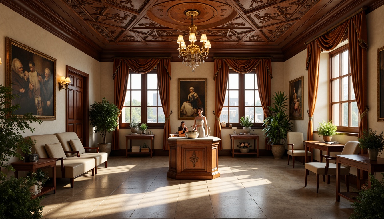 Prompt: Renaissance-style dental clinic, ornate wooden furniture, rich velvet drapes, intricate stone carvings, elegant chandeliers, warm beige walls, polished marble floors, antique bronze fixtures, comfortable plush chairs, classic oil paintings, subtle aromatherapy, soft warm lighting, shallow depth of field, 1/2 composition, realistic textures, ambient occlusion.