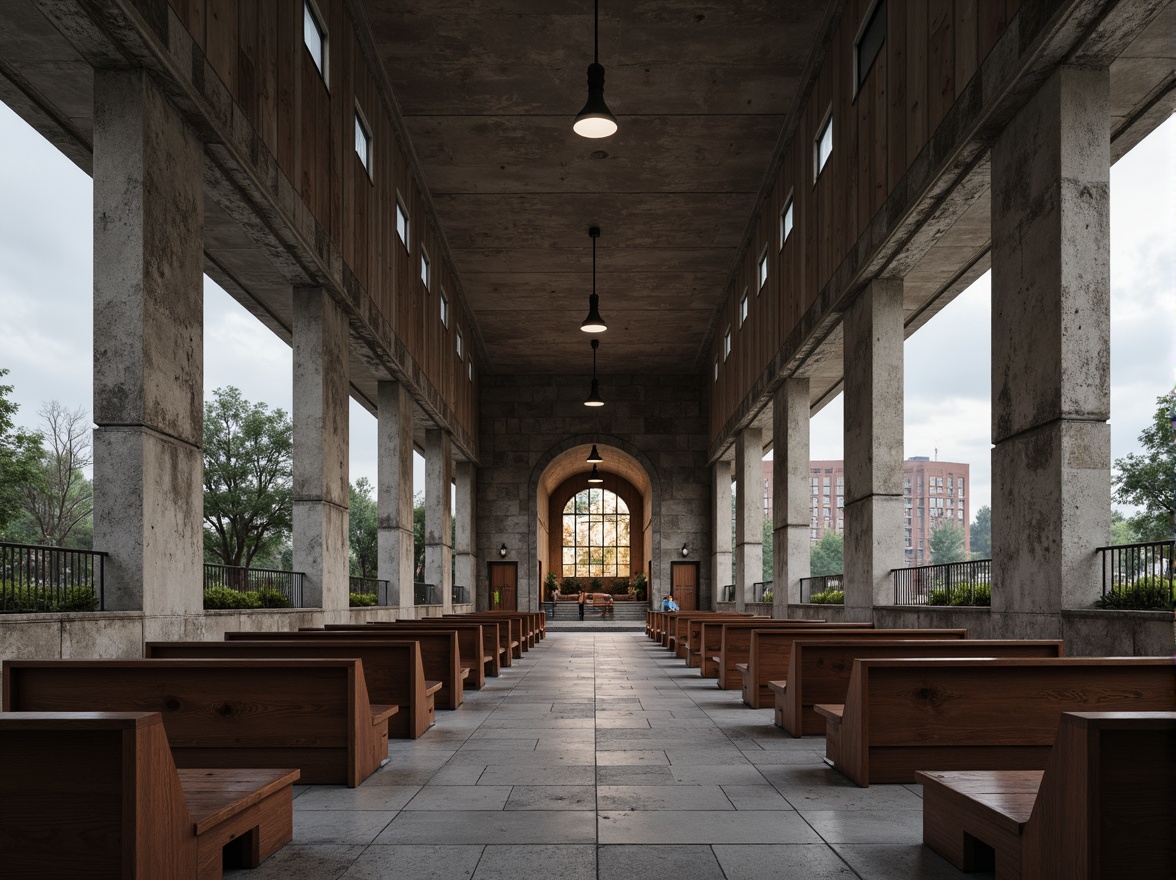 Prompt: Rustic church exterior, brutalist architecture, raw concrete textures, boarded formwork patterns, rugged stone walls, dramatic natural light, stained glass windows, minimalist interior design, wooden pews, industrial-style lighting fixtures, exposed ductwork, poured-in-place concrete floors, angular lines, monolithic structures, urban landscape surroundings, overcast skies, high-contrast lighting, 2/3 composition, symmetrical framing, cinematic mood, realistic material rendering.