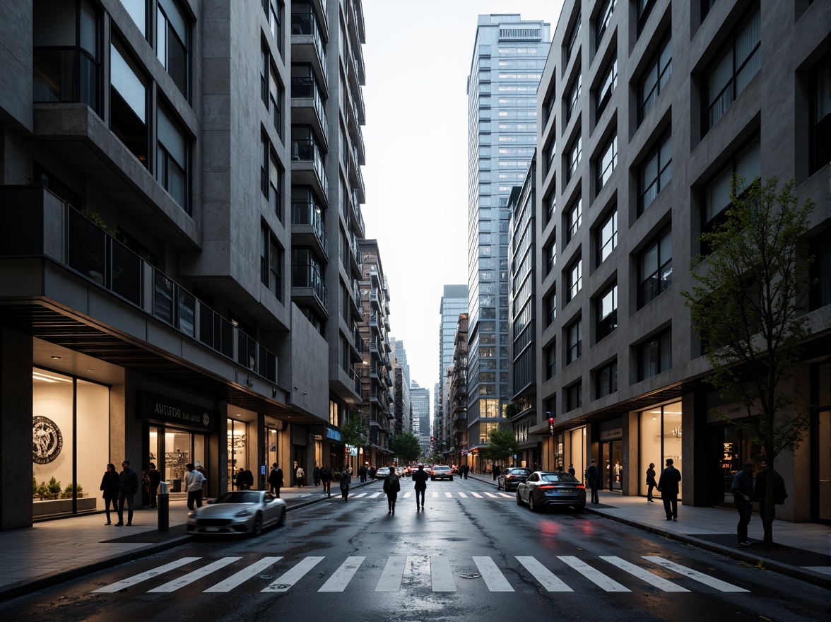 Prompt: Clean lines, minimalist aesthetic, rectangular forms, large glass windows, steel frames, cantilevered roofs, open floor plans, industrial materials, exposed ductwork, urban cityscape, bustling streets, modern skyscrapers, sleek metal accents, monochromatic color scheme, dramatic lighting effects, 1/2 composition, low-angle shot, cinematic mood, realistic reflections, ambient occlusion.