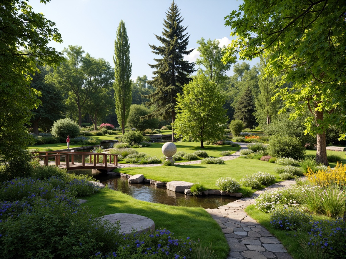 Prompt: Soothing natural landscape, lush green lawns, vibrant wildflowers, meandering stone pathways, serene water features, gentle streams, rustic wooden bridges, tranquil ponds, majestic trees, artistic garden sculptures, colorful blooms, warm sunny day, soft diffused lighting, shallow depth of field, 1/2 composition, panoramic view, realistic textures, ambient occlusion.Please let me know if you need any adjustments!