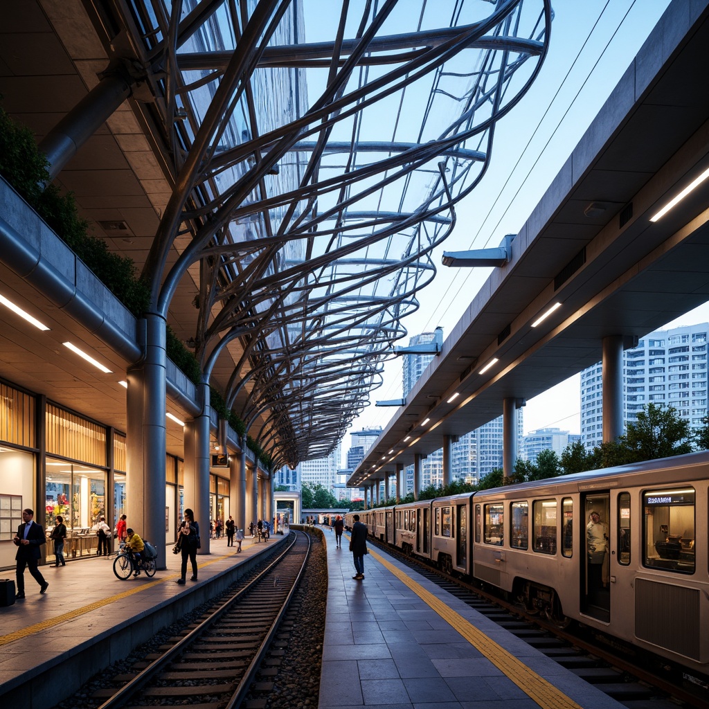 Prompt: Futuristic train station, dynamic LED lights, parametric fa\u00e7ade patterns, sleek metallic surfaces, curved glass roofs, cantilevered structures, modern minimalism, vibrant urban atmosphere, bustling pedestrian traffic, urban landscaping, green walls, natural ventilation systems, energy-efficient design, solar panels, rainwater harvesting systems, intricate steel frameworks, geometric column arrangements, soft warm lighting, shallow depth of field, 2/3 composition, panoramic view, realistic reflections.