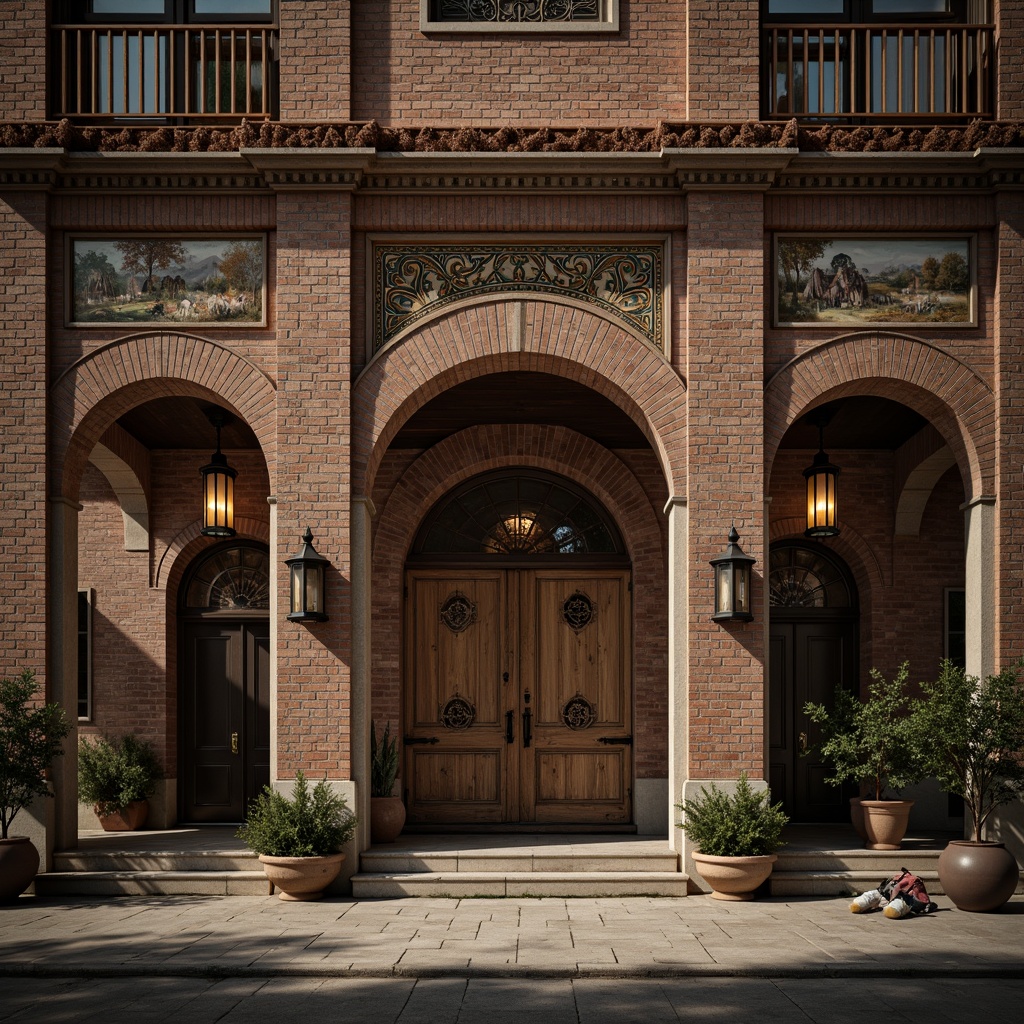 Prompt: Aged brick facade, ornate stone carvings, grand arches, rustic wooden doors, metal lanterns, Byzantine-inspired mosaics, weathered copper roofs, intricate frescoes, distressed concrete walls, industrial warehouse setting, dimly lit atmosphere, warm golden lighting, shallow depth of field, 1/2 composition, realistic textures, ambient occlusion.